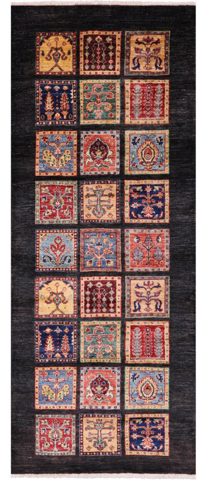 Handmade Persian Garden Design Black Wool Runner Rug 2' 7" X 6' 4 Q10683