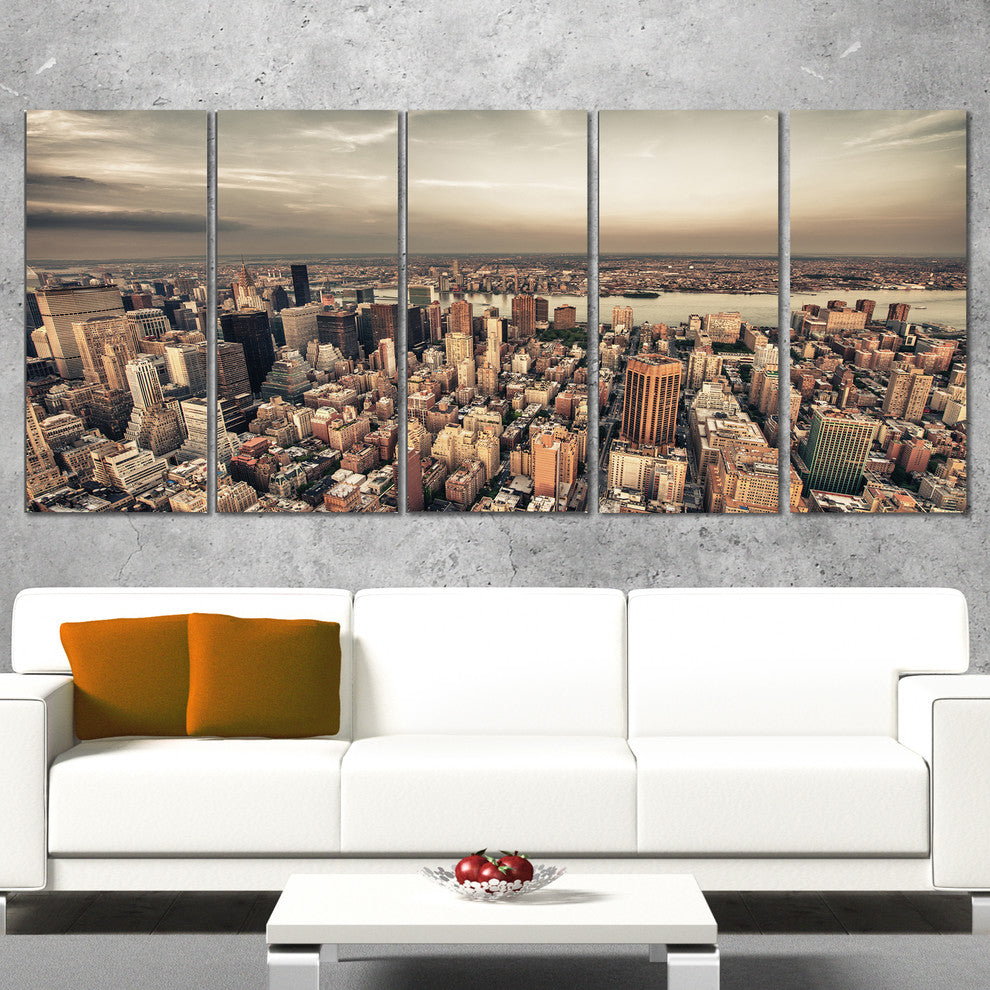 Manhattan Skyscrapers Aerial View, Cityscape Canvas Print, 60"x28", 5 Panels