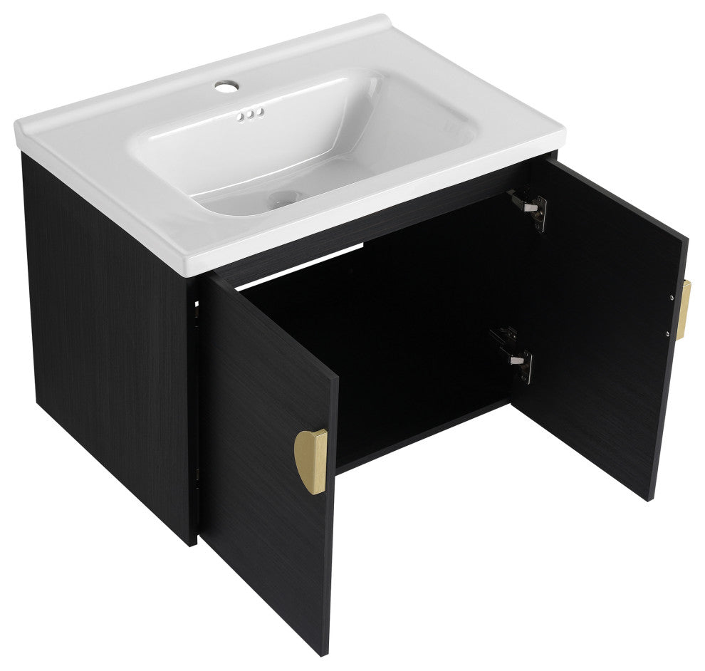 28" Plywood Wall Mounted Bath Vanity Set, Black, Ceramic Basin