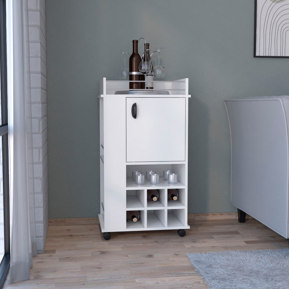 DEPOT E-SHOP Fraser Bar Cart with 6 Built-in Wine Racks and Single-Door Cabinet