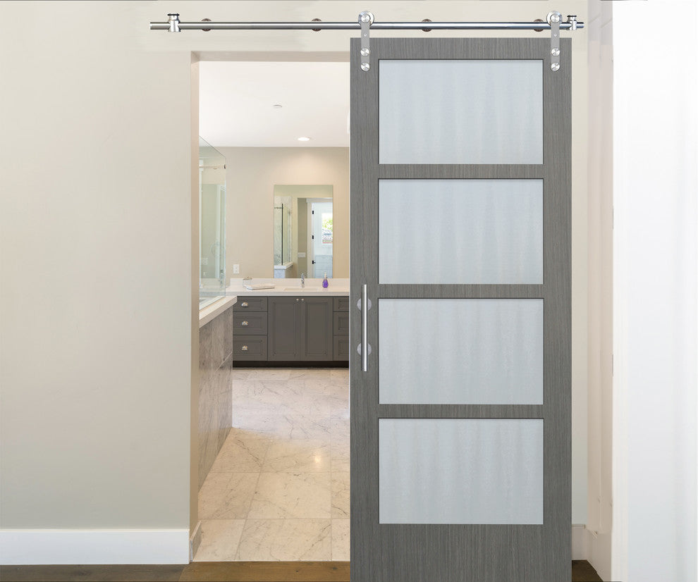 36"x 84" 4-Lite Driftwood Barn Door With Round Stainless Sliding Door Hardware