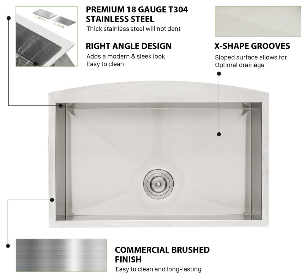 33" Farmhouse Kitchen Sink 18 Gauge Stainless Steel Single-Bowl Kitchen Sink