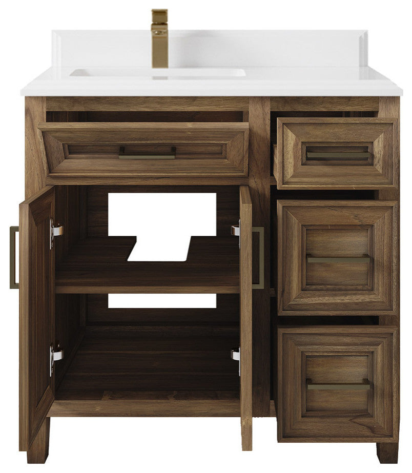 Santa Monica 36 Left Offset  Bath Vanity in Graywashed Teak 1.5" White Quartz