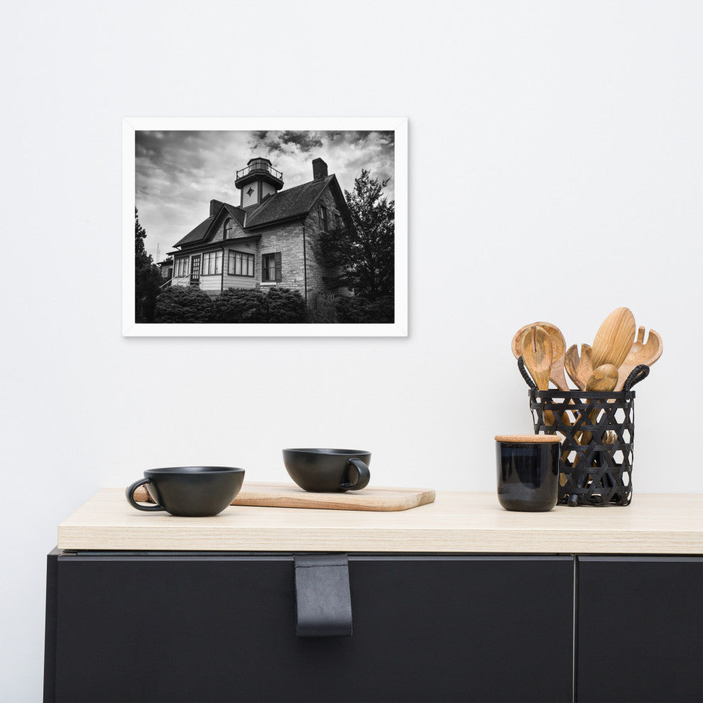 Cedar Point Lighthouse in Black and White Framed Photo Paper Wall Art Prints, White, 12" X 16"