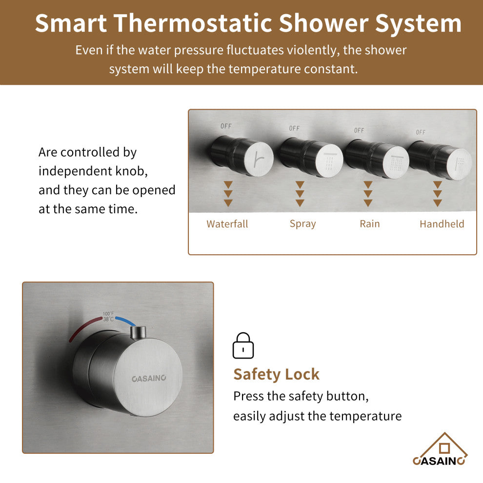 16 Inch Luxury Thermostatic Shower System, Brushed Nickel