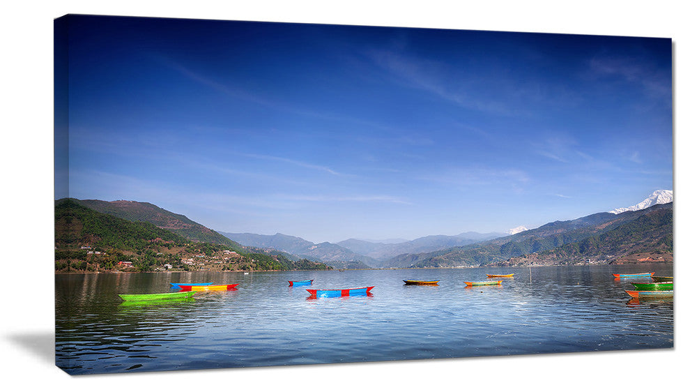 Boats in Pokhara Lake, Oversized Seashore Canvas Art Print, 60"x28"