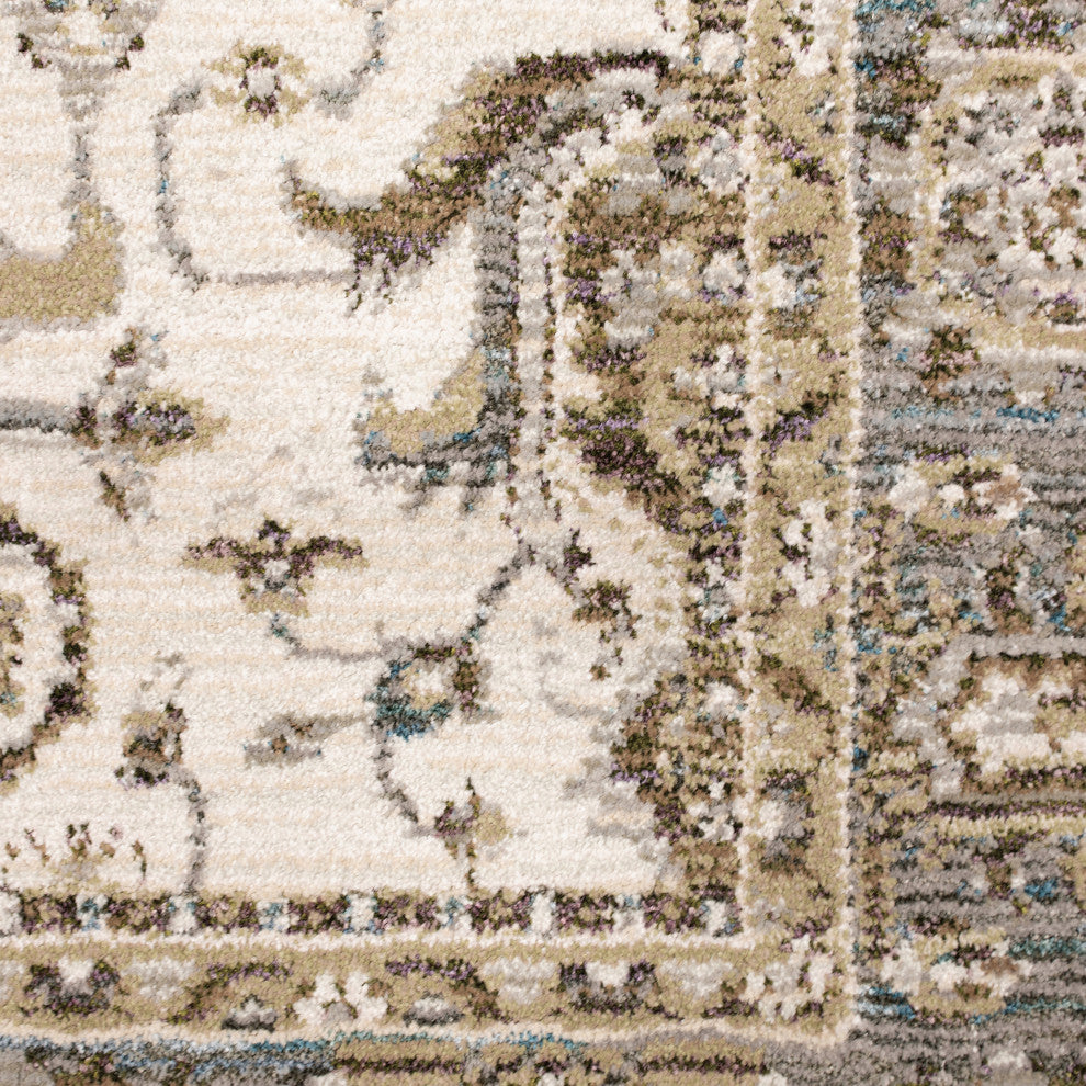 Adeline Traditional Bordered Ivory and Blue Area Rug, 2'6"x12'