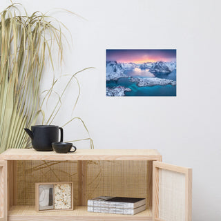 Reine at Winter Sunset Icy Mountain Landscape Photo Loose Wall Art Prints, 12" X 18"