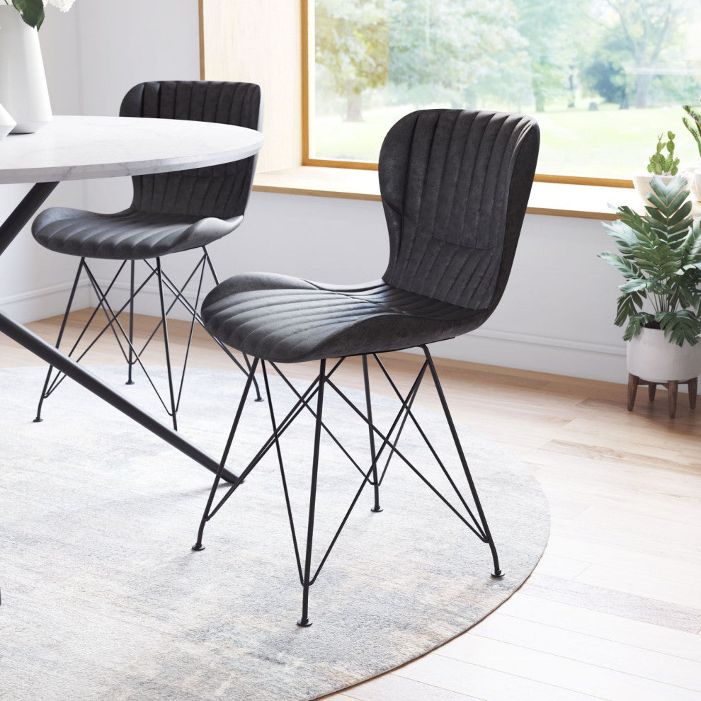 Dining Chair, Set of 2, Faux Vinyl Leather, Steel, Vintage Black, Cafe Bistro
