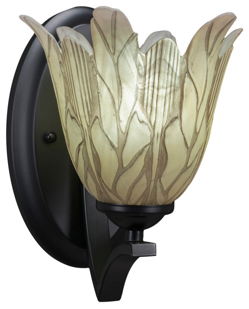 Zilo Wall Sconce, Matte Black, 7" Vanilla Leaf Glass