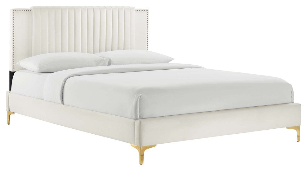 Zahra Channel Tufted Performance Velvet Queen Platform Bed, White