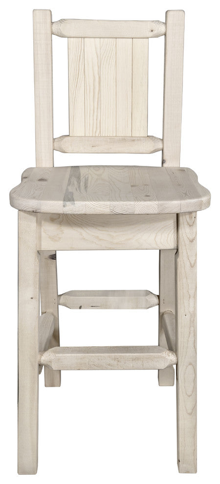 Homestead Bar Stool With Back, With Laser Engraved Bronc, Clear Lacquer Finish