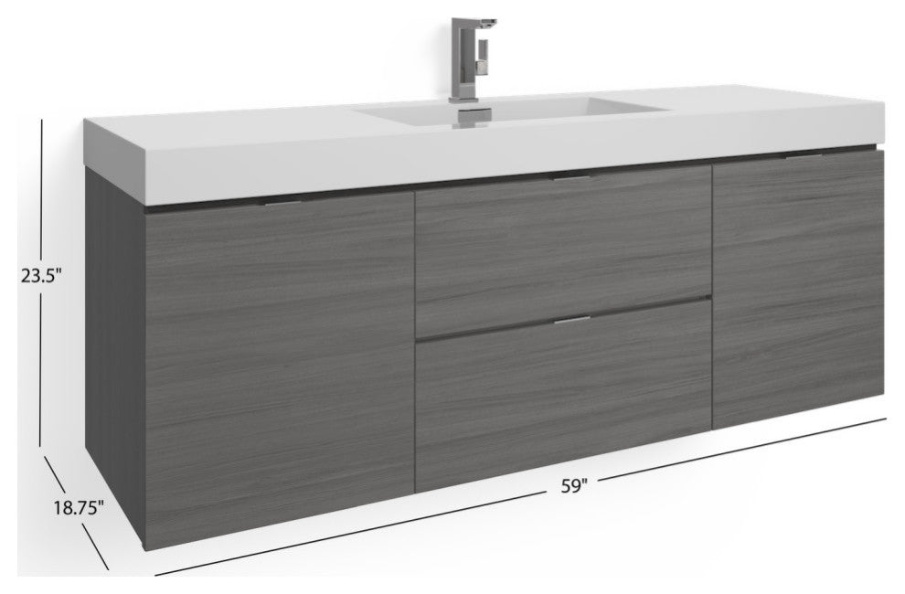 Boutique Bath Vanity, Vulcan Ash Gray, 60", Single Sink, Wall Mount