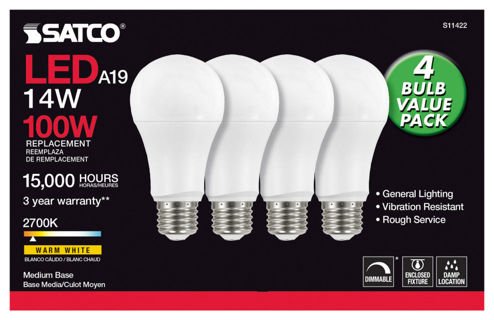 14W A19 LED, 2700K, Dimmable, Medium Base, 230 deg. Beam Angle, 4-Pack