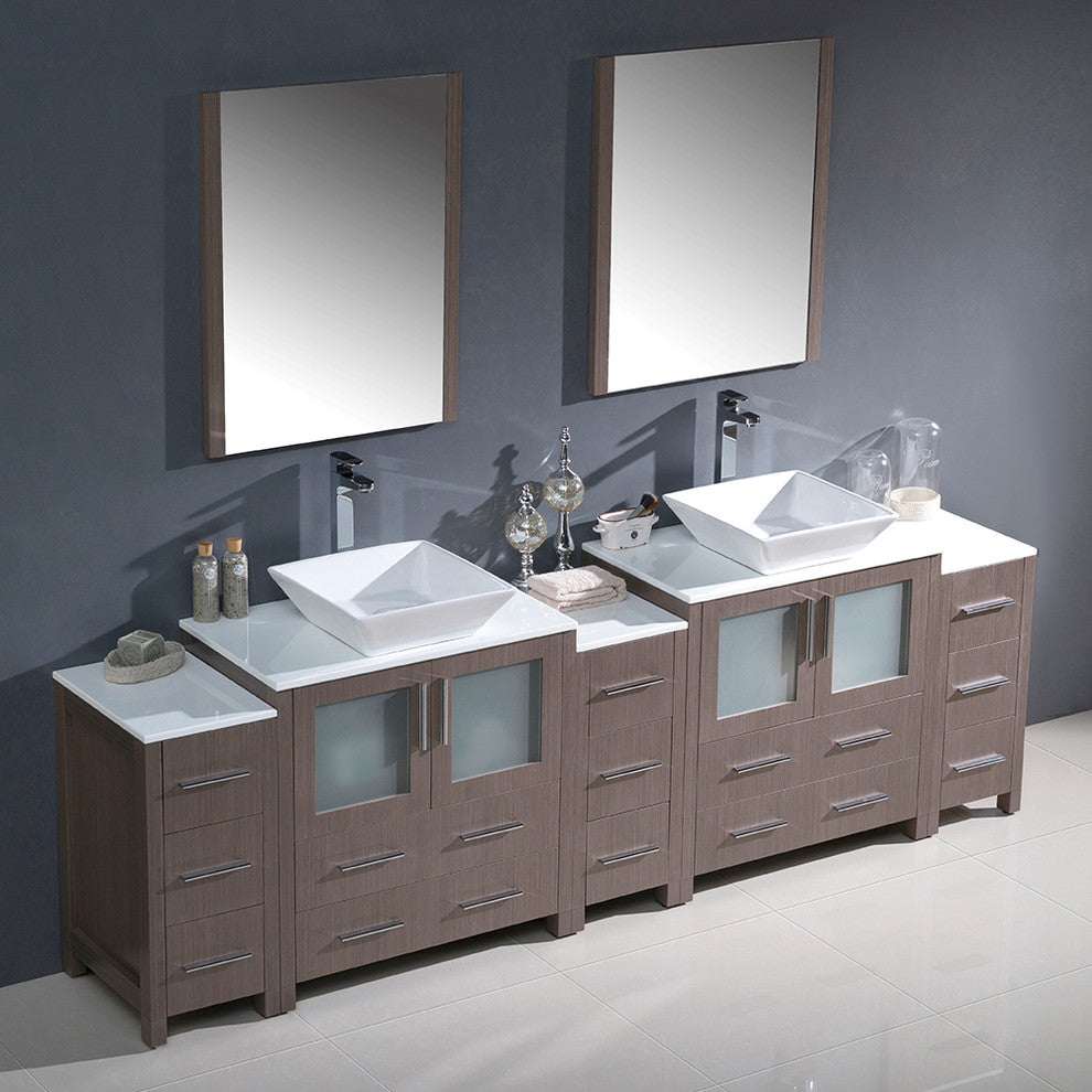 Torino 96" Gray Oak Modern Double Sink Bathroom Vanity, Faucet FFT3072CH