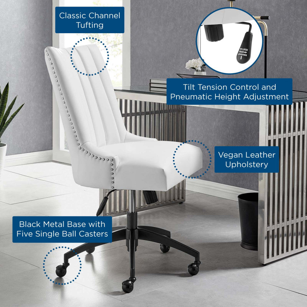 Computer Work Desk Tufted Chair, Faux Vegan Leather, Black White, Home Office