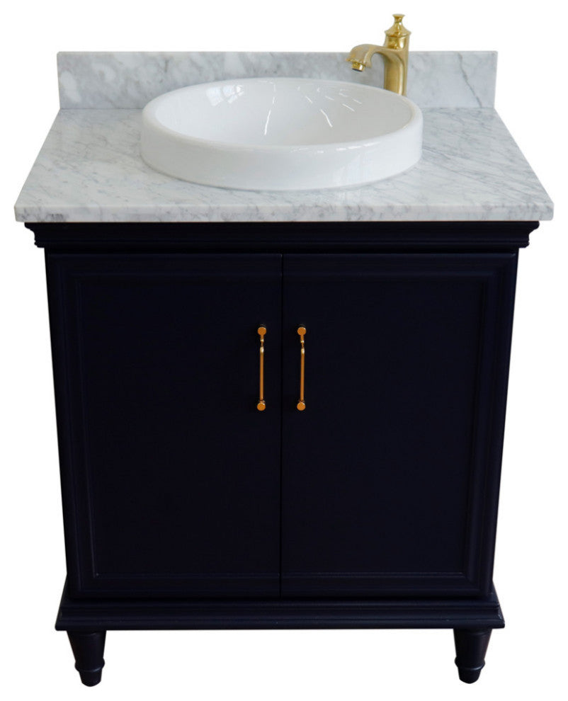 31" Single Vanity, Blue Finish With White Carrara And Round Sink