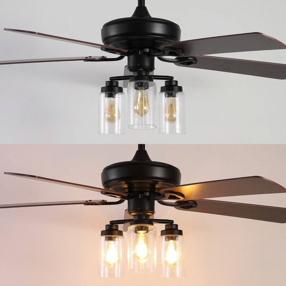 Lucas 52" 3-Light Rustic Mobile-App/Remote-Controlled Ceiling Fan, Black/Clear