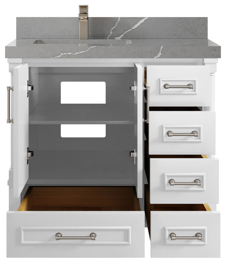 Aberdeen 36 Left Offset Bath Vanity in White 2" Piatra Gray