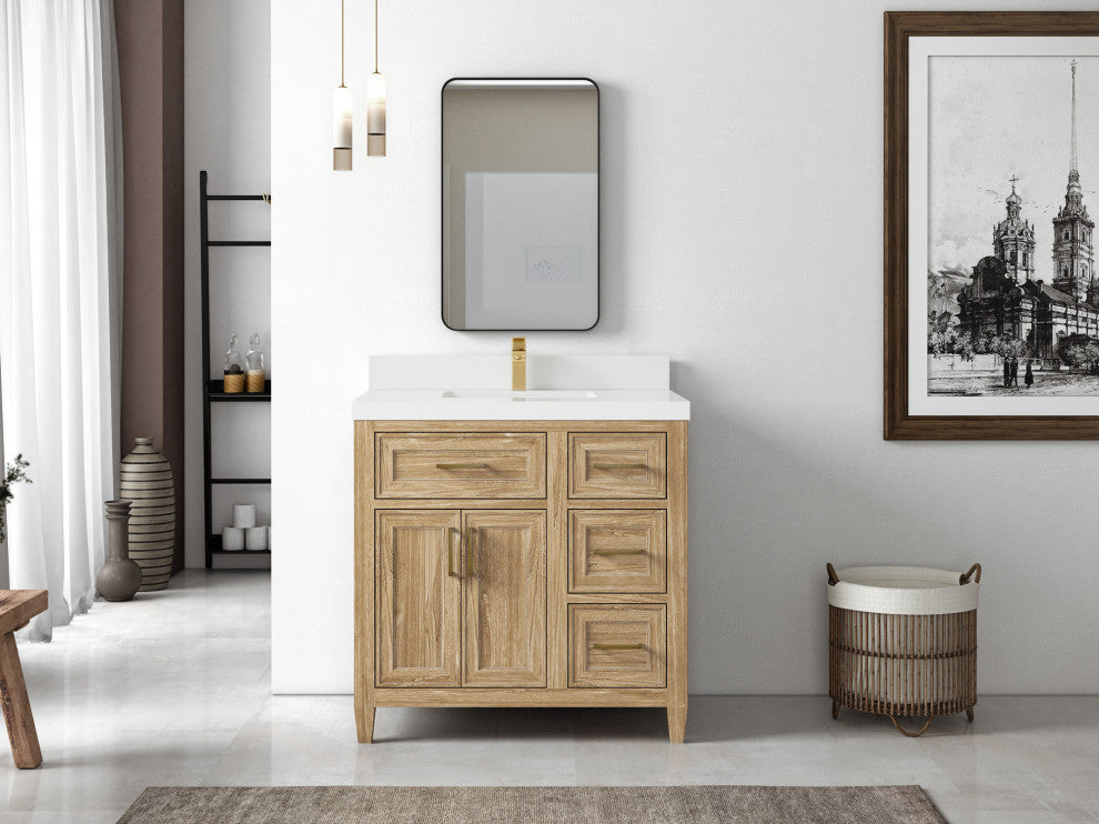 Santa Monica 36 Center Sink Bath Vanity in Whitewashed Teak 2" White Quartz