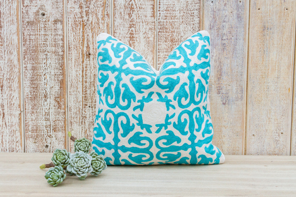Turquoise & White Moroccan Wool Embroidered Throw Pillow Cover