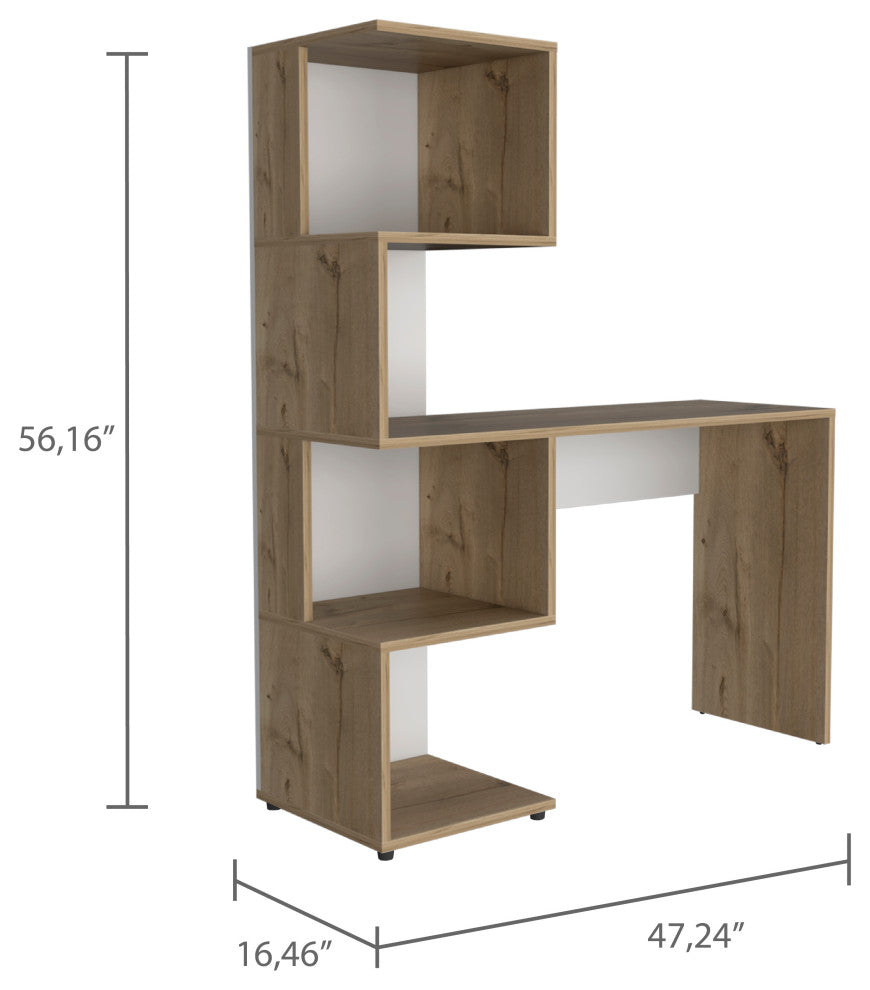 Delhi Desk with Bookcase and 4 Storage Shelves, Light Oak/White