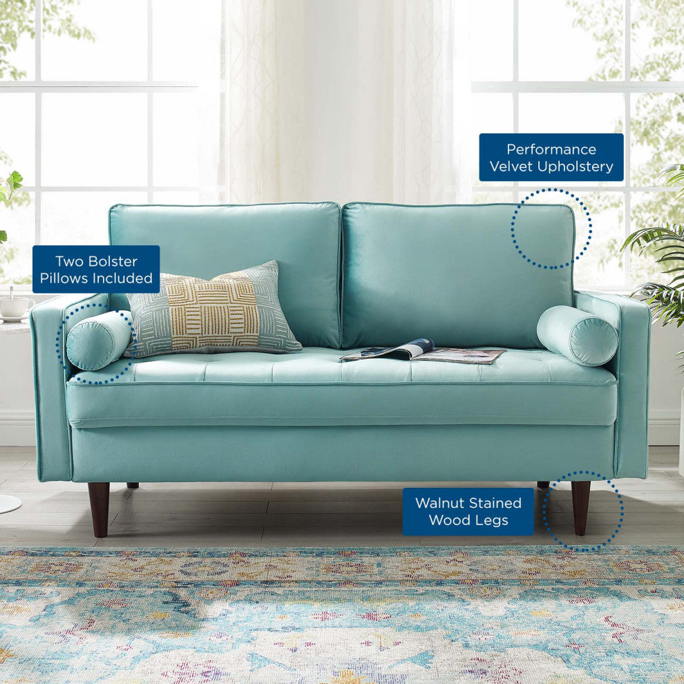 Loveseat Sofa, Velvet, Blue, Modern, Living Lounge Room Hotel Lobby Hospitality