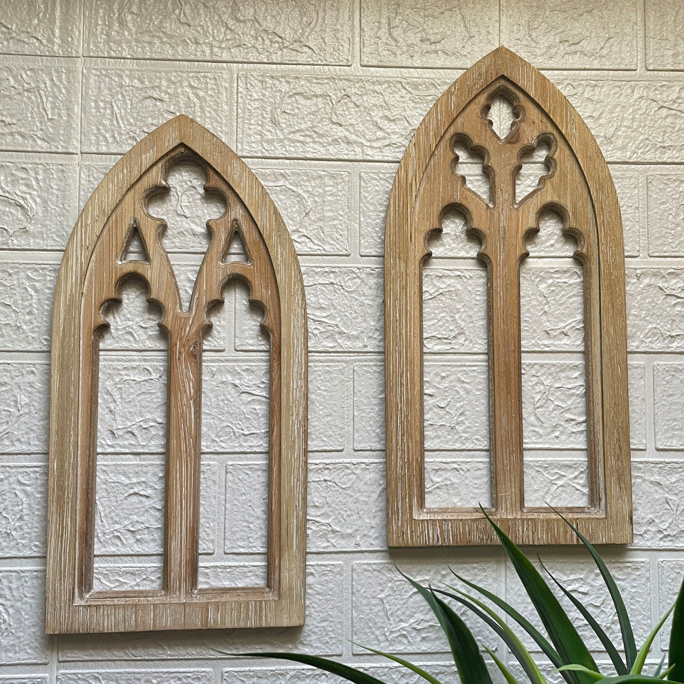 Whitewashed Wood Gothic Arch Window Frame Wall Decor 2 Piece Set