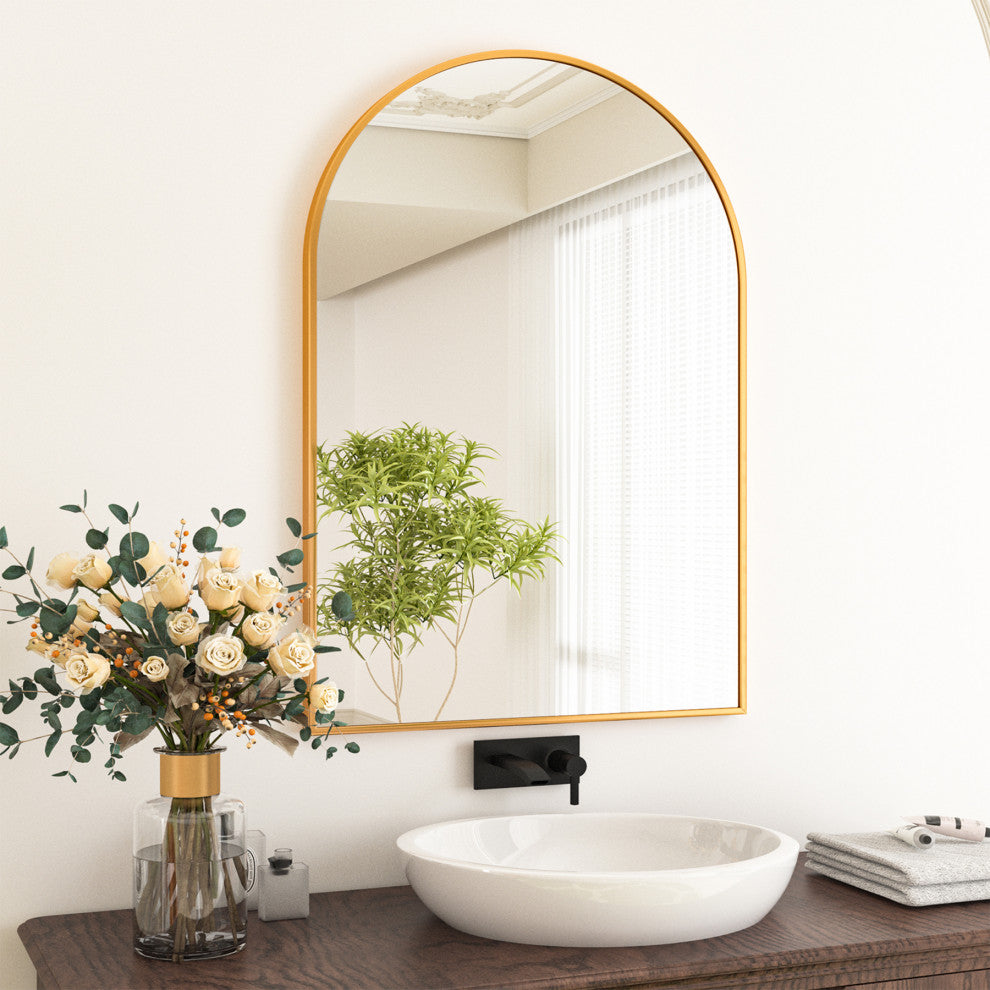 Easly Aluminum Alloy Framed Arched Wall Mirror, Gold, 26x38