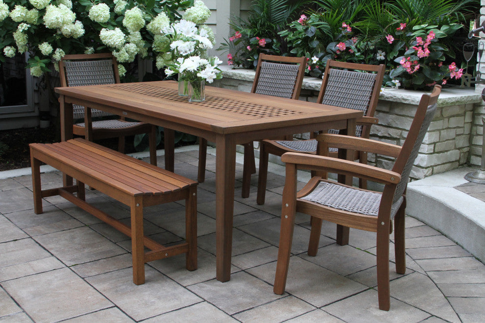 6-Piece Eucalyptus Checkerboard Dining Set With Wicker Stacking Chairs