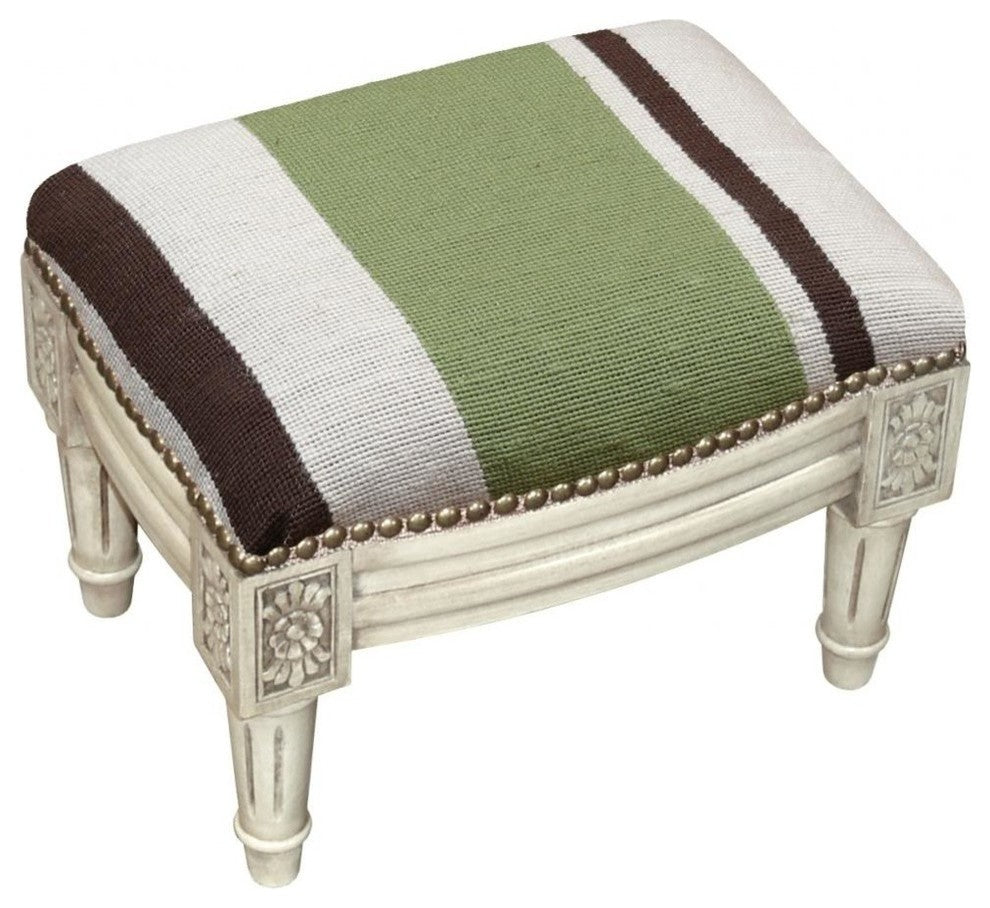 Stripes Wool Needlepoint Antique White Wash Wooden Footstool, Green and Brown