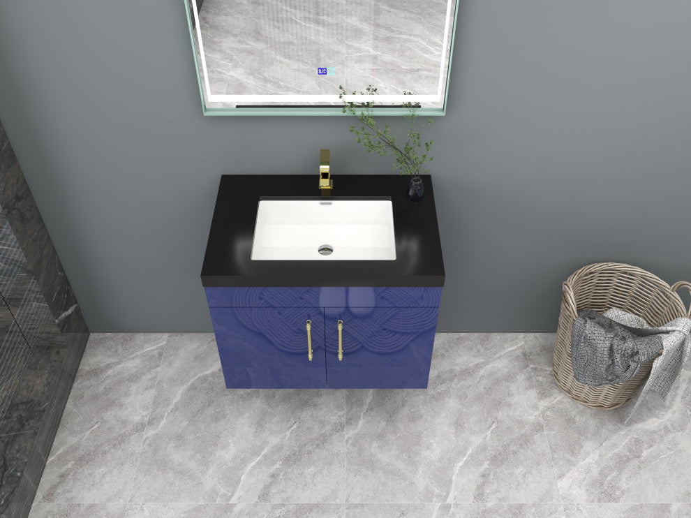 Rosa 30" Wall Mounted Modern Vanity, High Gloss Night Blue, Matt Black Top