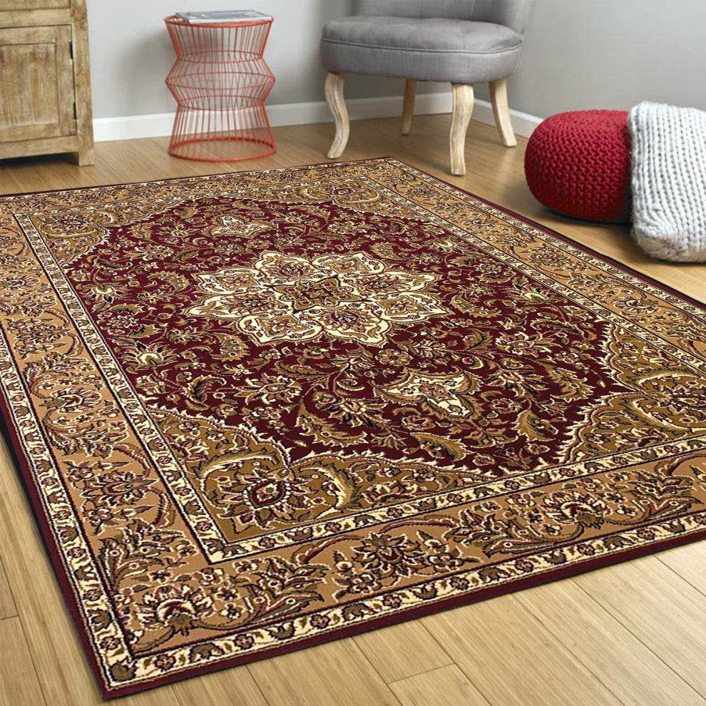 HomeRoots Red Beige Machine Woven Traditional Medallion Octagon Indoor Area Rug