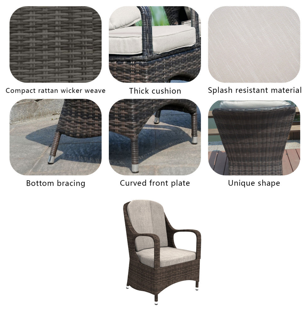 7-Piece Outdoor Gray Wicker Sofa Set with Chairs, Brown Fire Pit Table