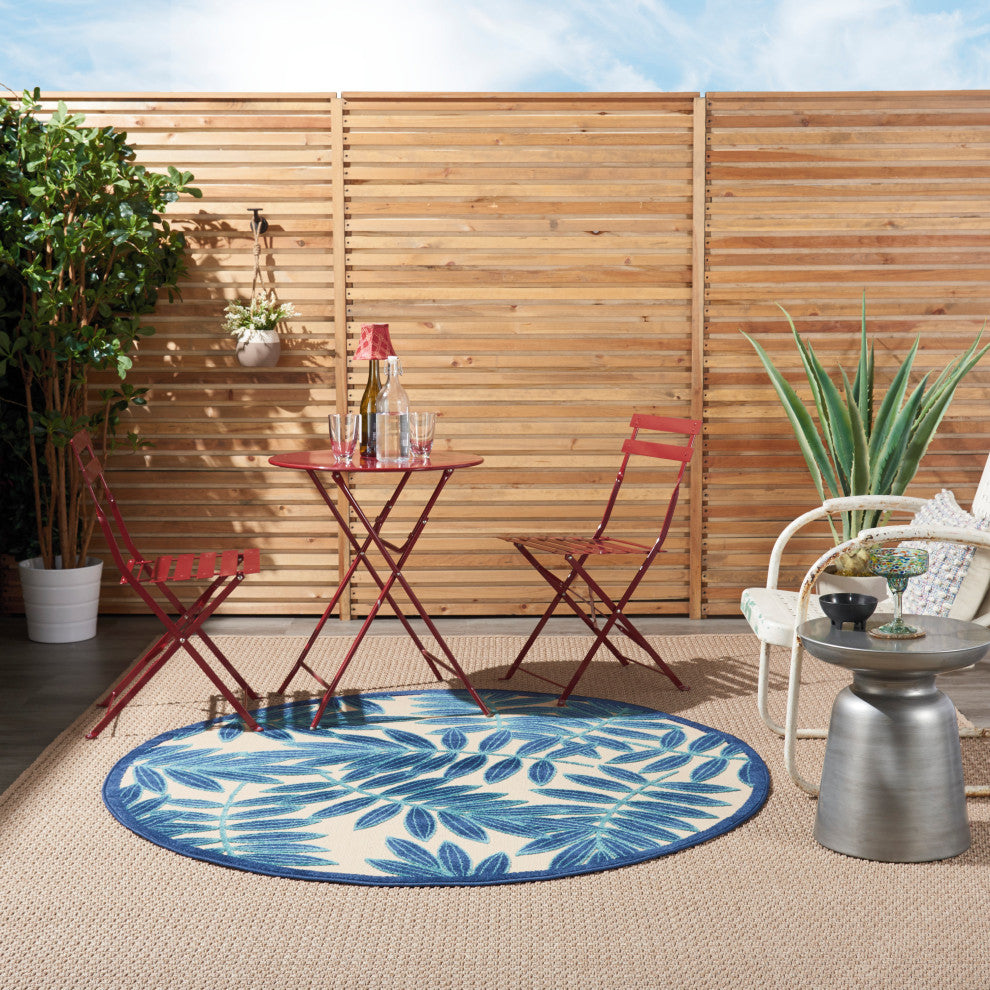 Nourison Aloha 4' x Round Navy Tropical Area Rug