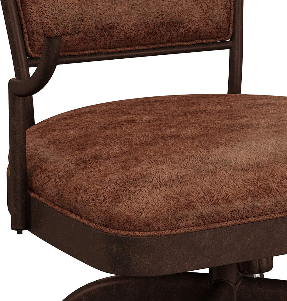 Industrial Bar Stool, Metal Frame With Swivel Weathered Brown Faux Leather Seat,