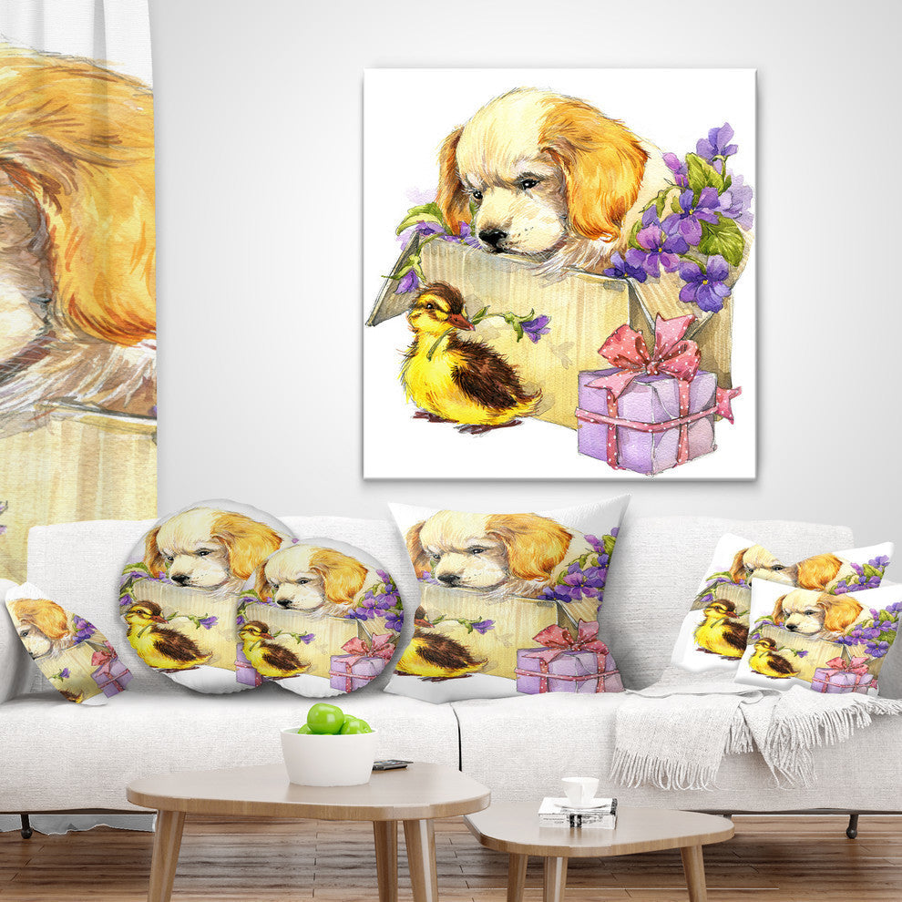 Cute Puppy Dog and Duck Contemporary Animal Throw Pillow, 18"x18"