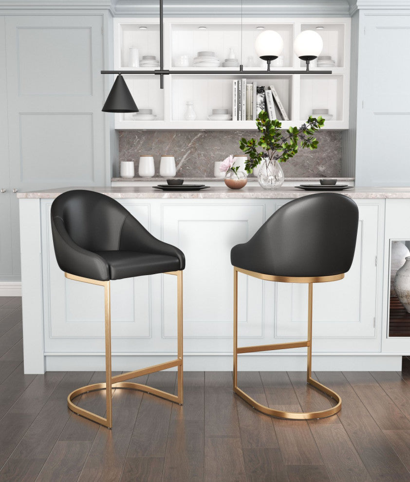 Counter Stool Chair, Faux Vinyl Leather, Steel, Black, Gold, Cafe Bistro