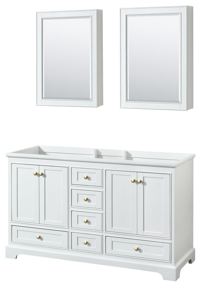 60" Double Bathroom Vanity, White, Gold Trim, Medicine Cabinets