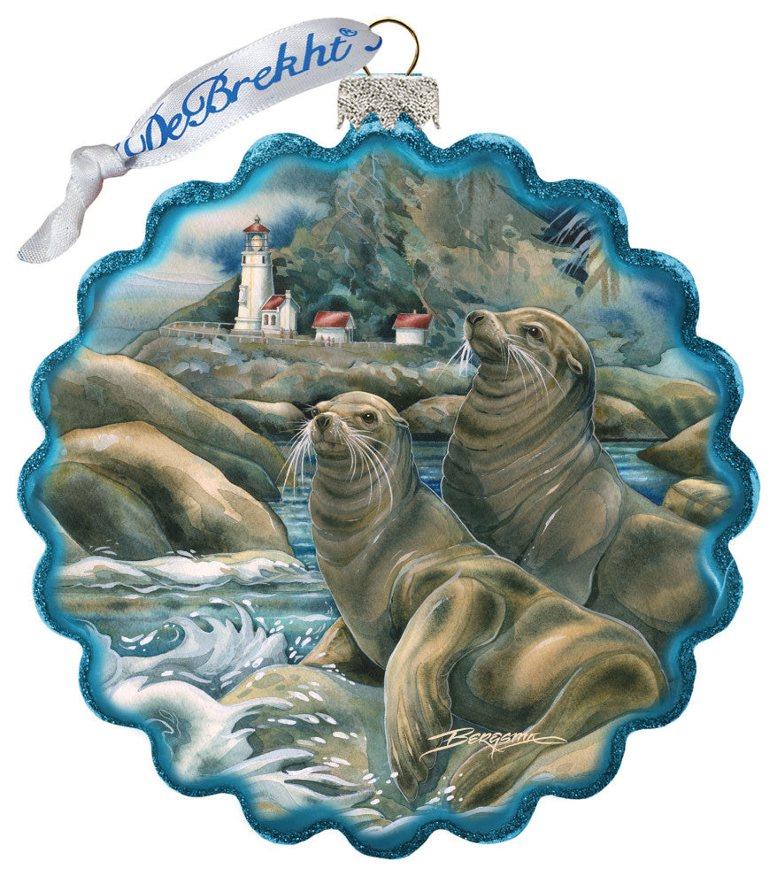 Lions of the Sea Lighthouse Caves Wreath Glass Ornament