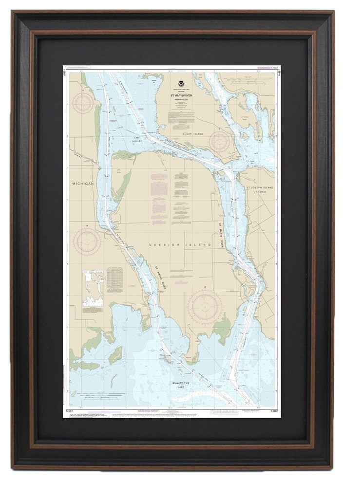 Framed Nautical Chart, St Marys River - Neebish Island, Michigan, 14x24