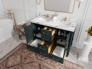 Aberdeen 48" Double Sink Bath Vanity in Dark Forest Green 2" Carrara Quartz