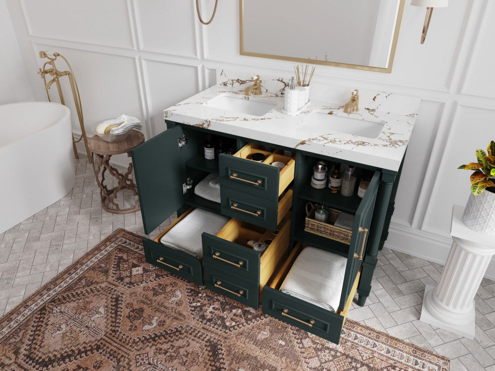 Aberdeen 48" Double Sink Bath Vanity in Dark Forest Green 2" Carrara Quartz
