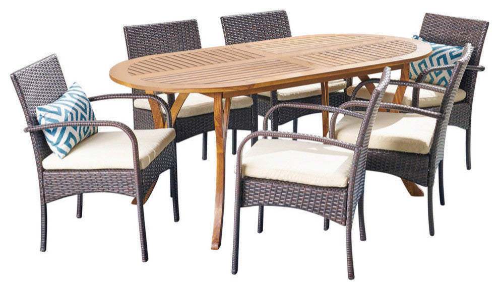 GDF Studio 7-Piece Epps Outdoor Teak Acacia Wood and Wicker Dining Set