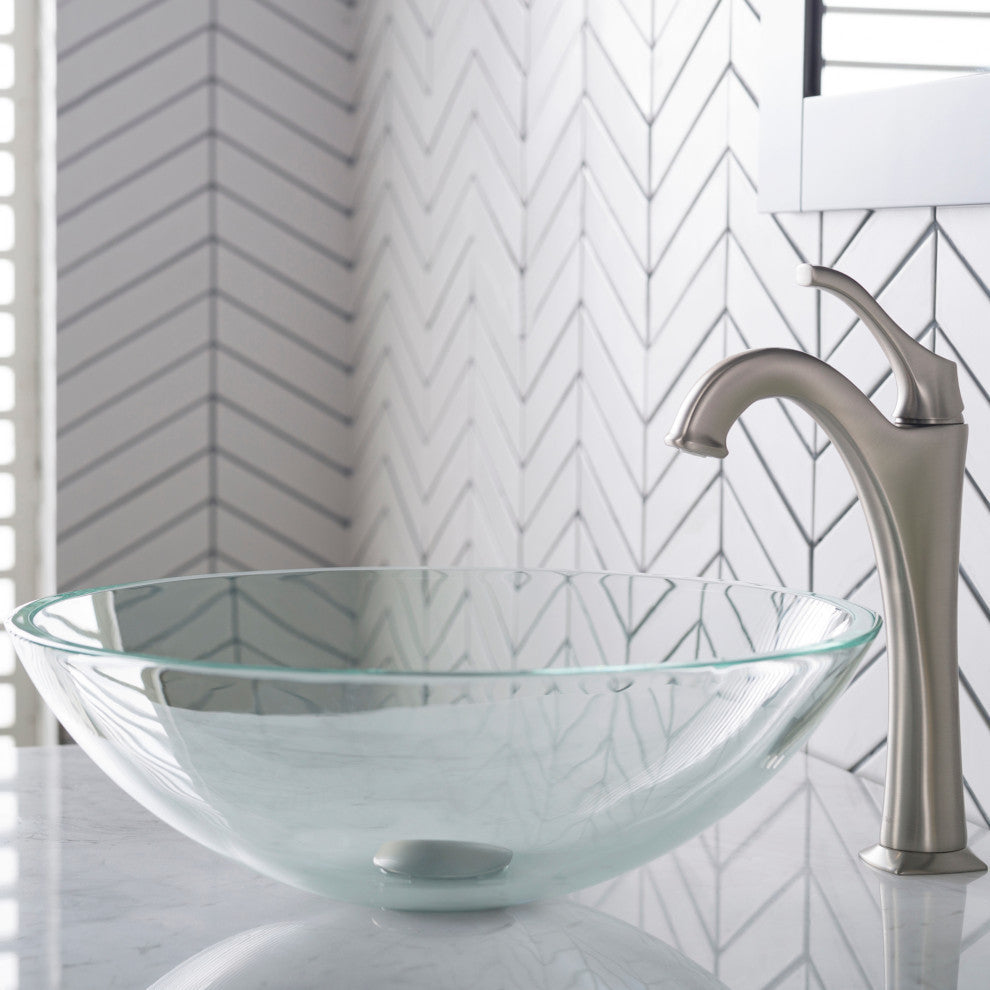 Glass Vessel Sink, Arlo Bathroom Faucet, Drain, Ring, Spot Free Stainless Steel