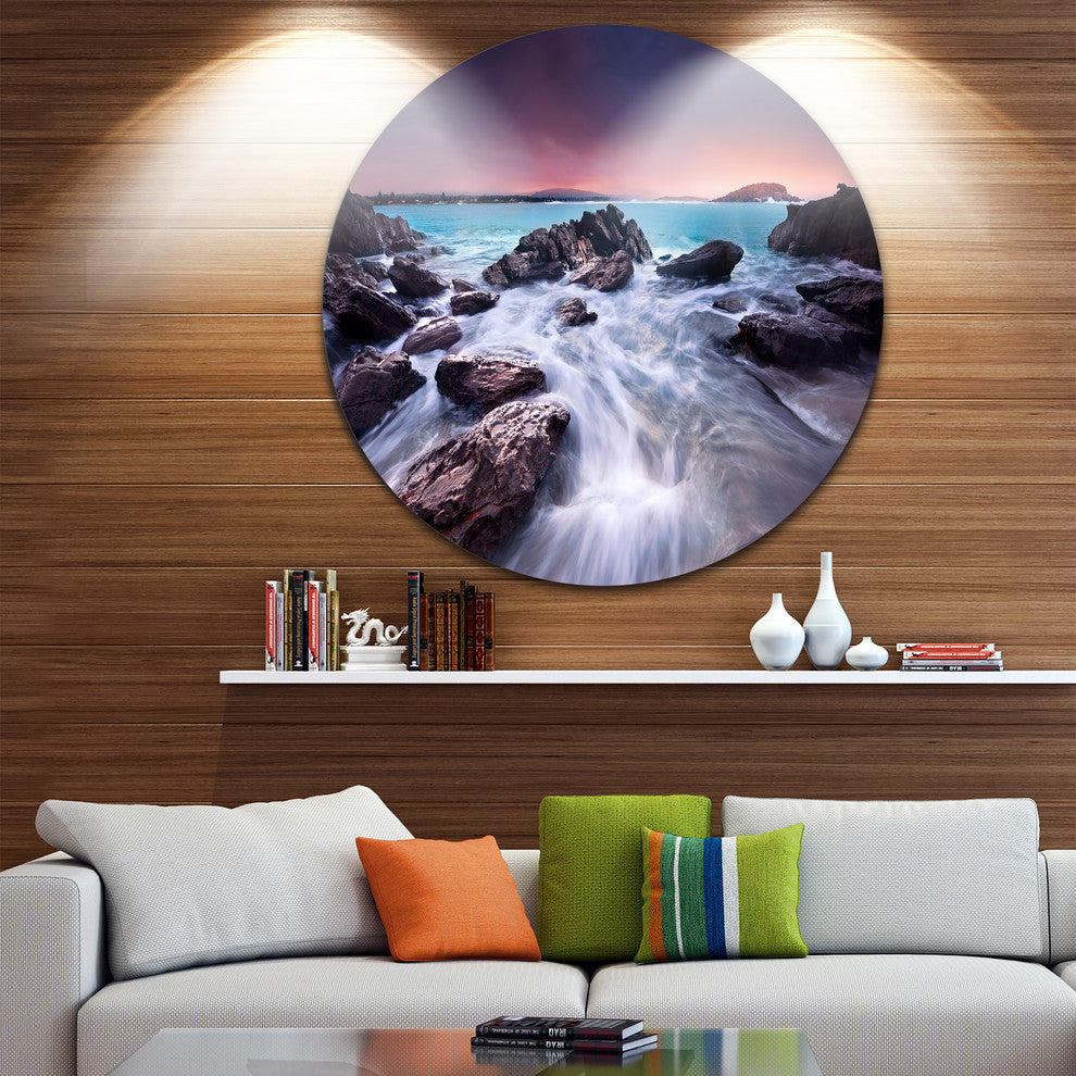 Fascinating View Of Rocky Coast, Seashore Round Metal Wall Art, 11"