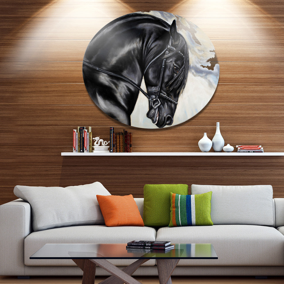 Friesian Horse Painting, Animal Round Metal Wall Art, 23"