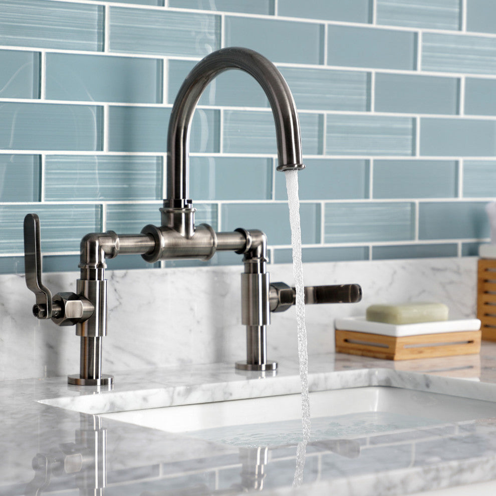 Industrial Style Bridge Bathroom Faucet With Pop-Up Drain, Black Stainless