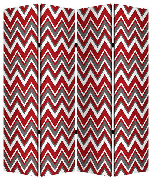 84" X 84" Red And Gray Wood Canvas Screen