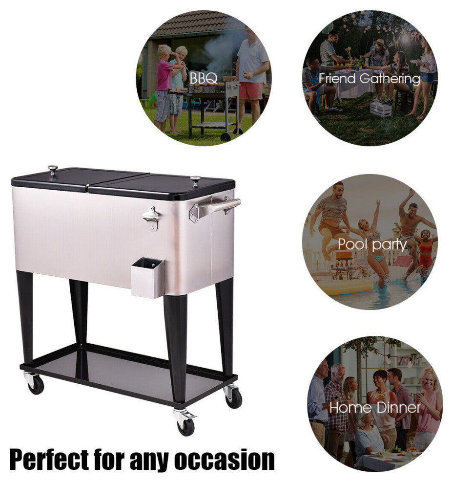 Costway Patio Cooler Rolling Outdoor Stainless Steel Ice Beverage Pool 80 Quart